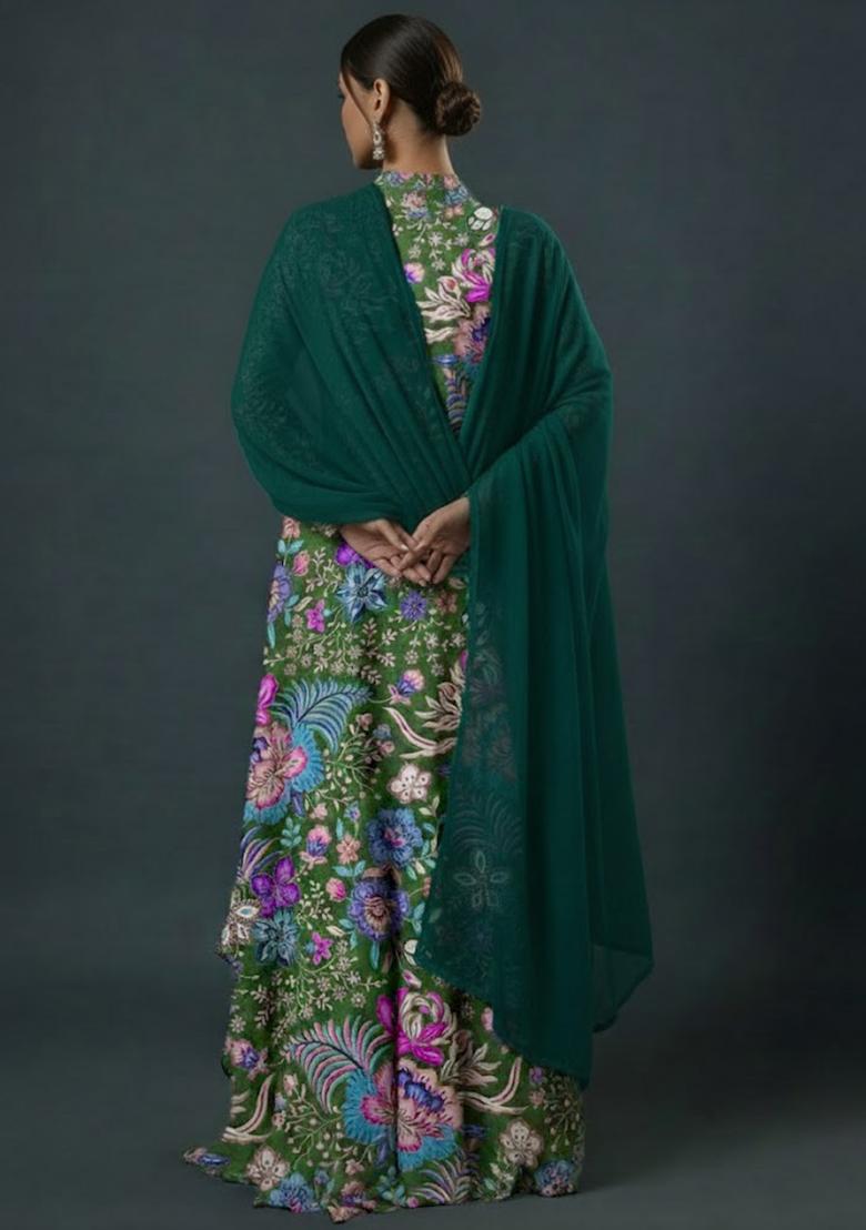 Green Floral Print Chinon Anarkali With Dupatta - Indya