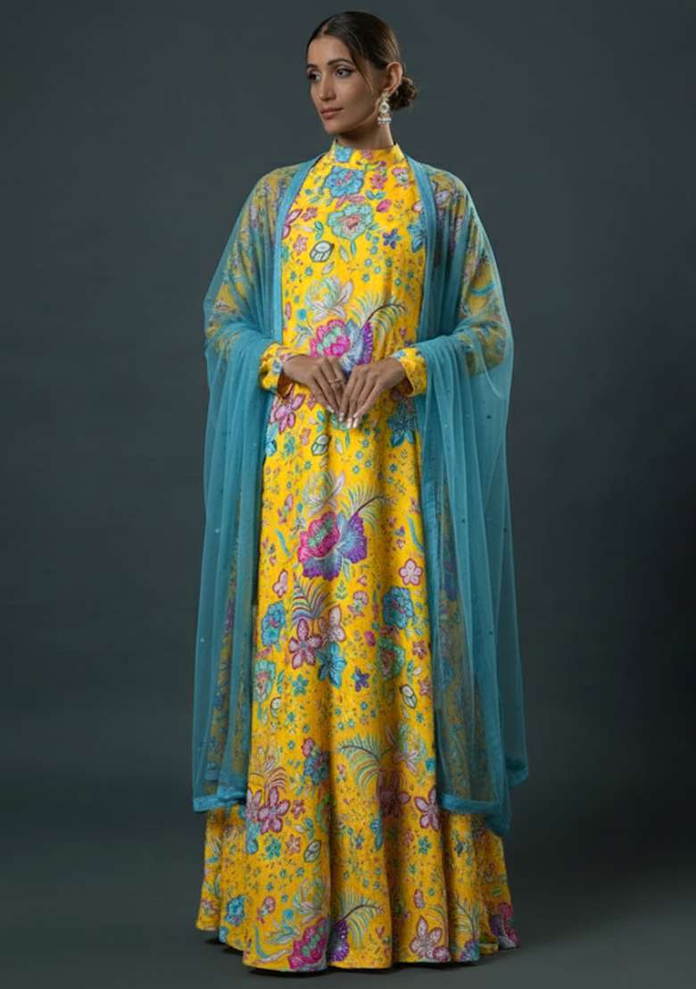 Yellow Floral Print Chinon Anarkali With Dupatta - Indya