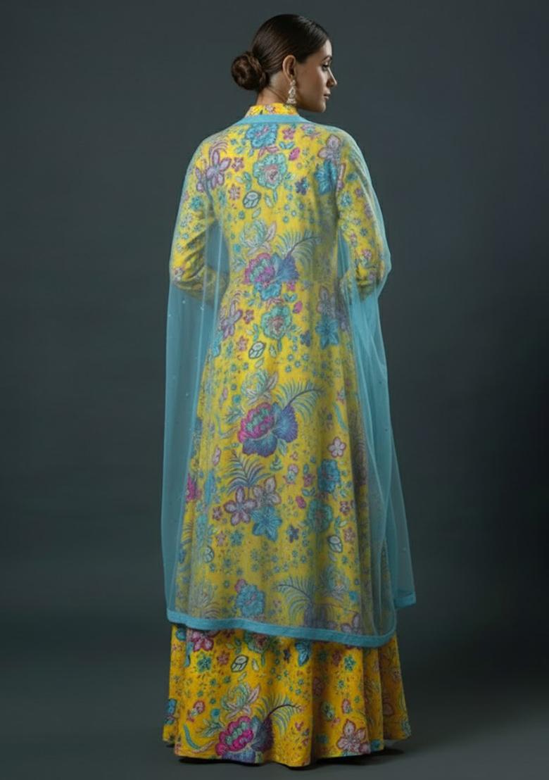 Yellow Floral Print Chinon Anarkali With Dupatta - Indya