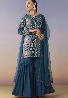 Deep Blue Figure Print Chinon Sharara Set