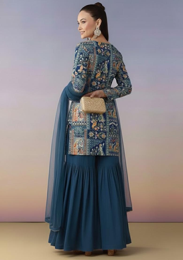 Deep Blue Figure Print Chinon Sharara Set - Indya