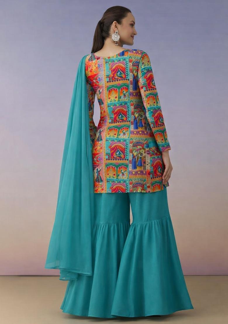 Blue Figure Print Chinon Sharara Set - Indya