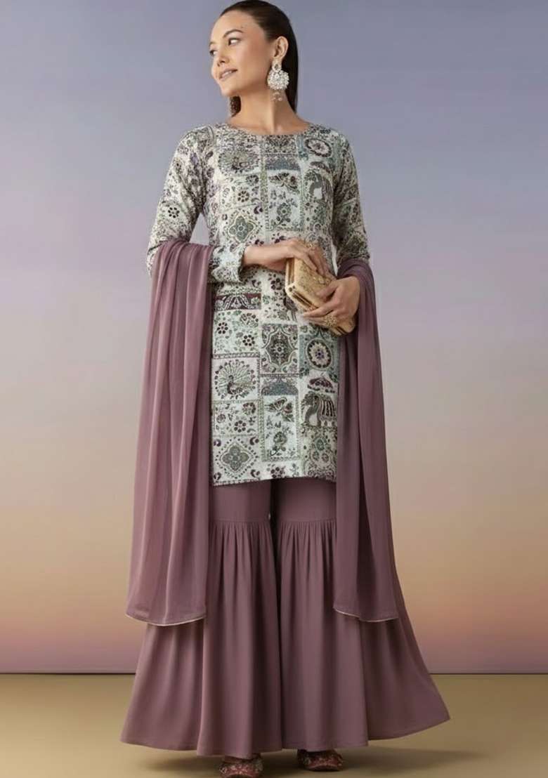 Lavender Figure Print Crepe Sharara Set - Indya