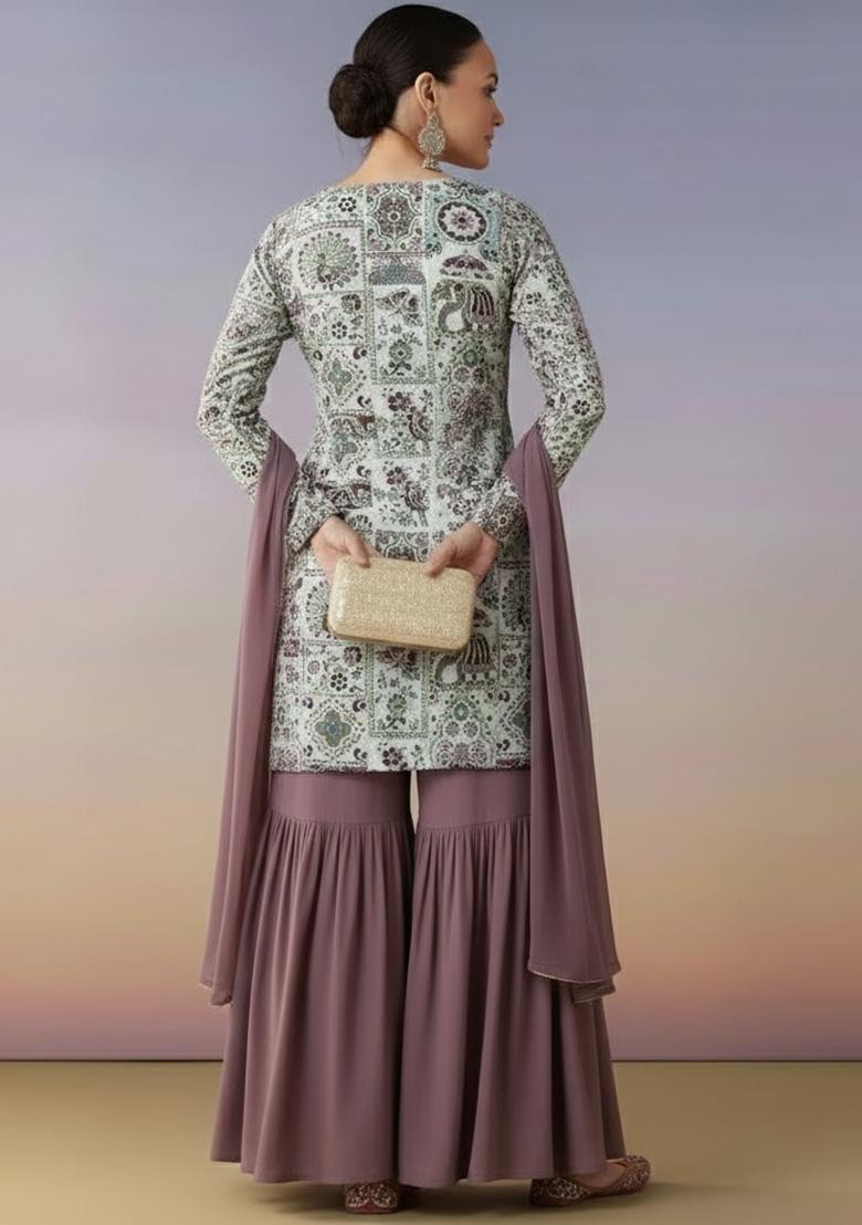 Lavender Figure Print Crepe Sharara Set - Indya