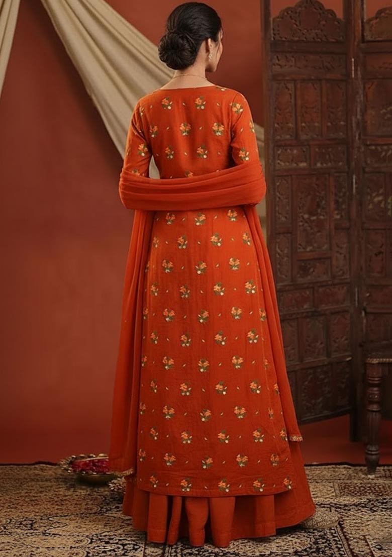 Brown Embroidered Chanderi Kurta Set - Indya