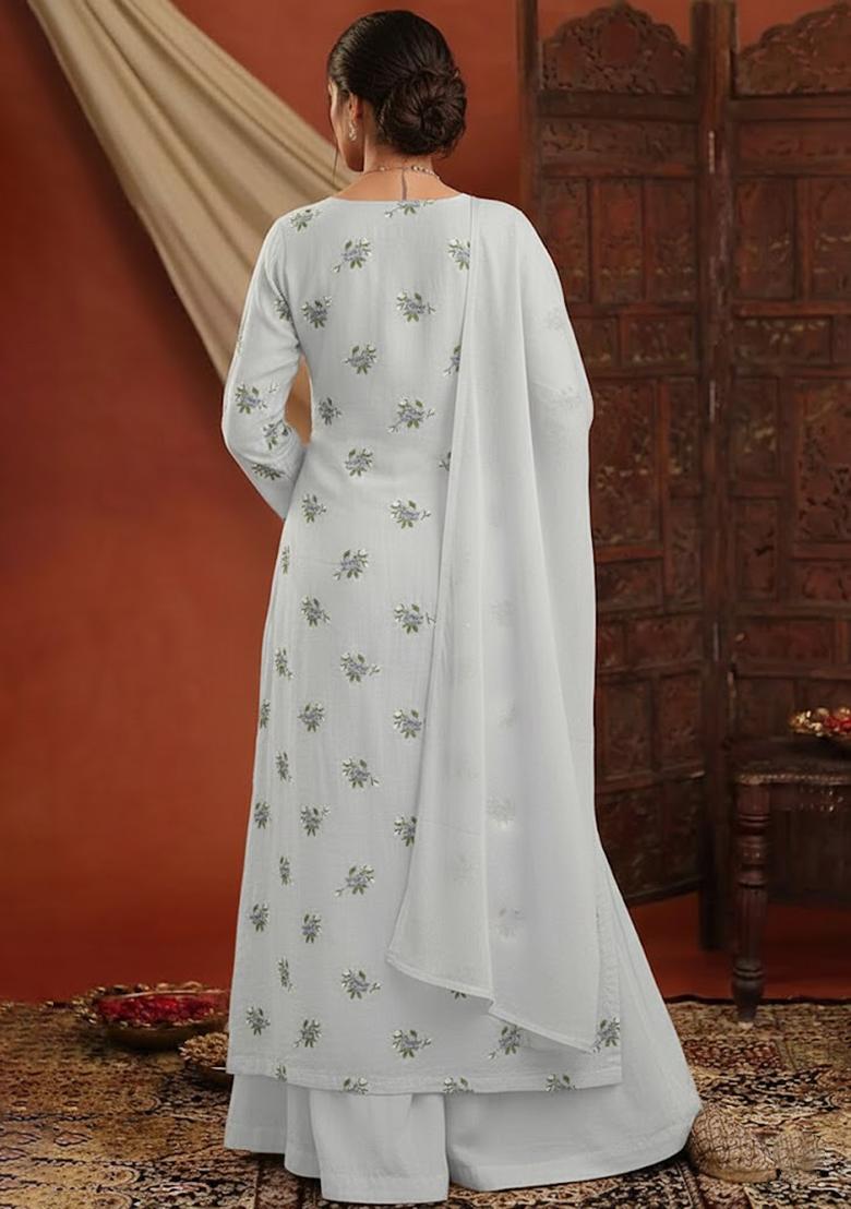 Off White Embroidered Chanderi Kurta Set - Indya