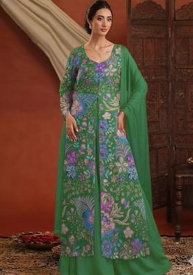 Olive Green Floral Print Chinon Kurta Set