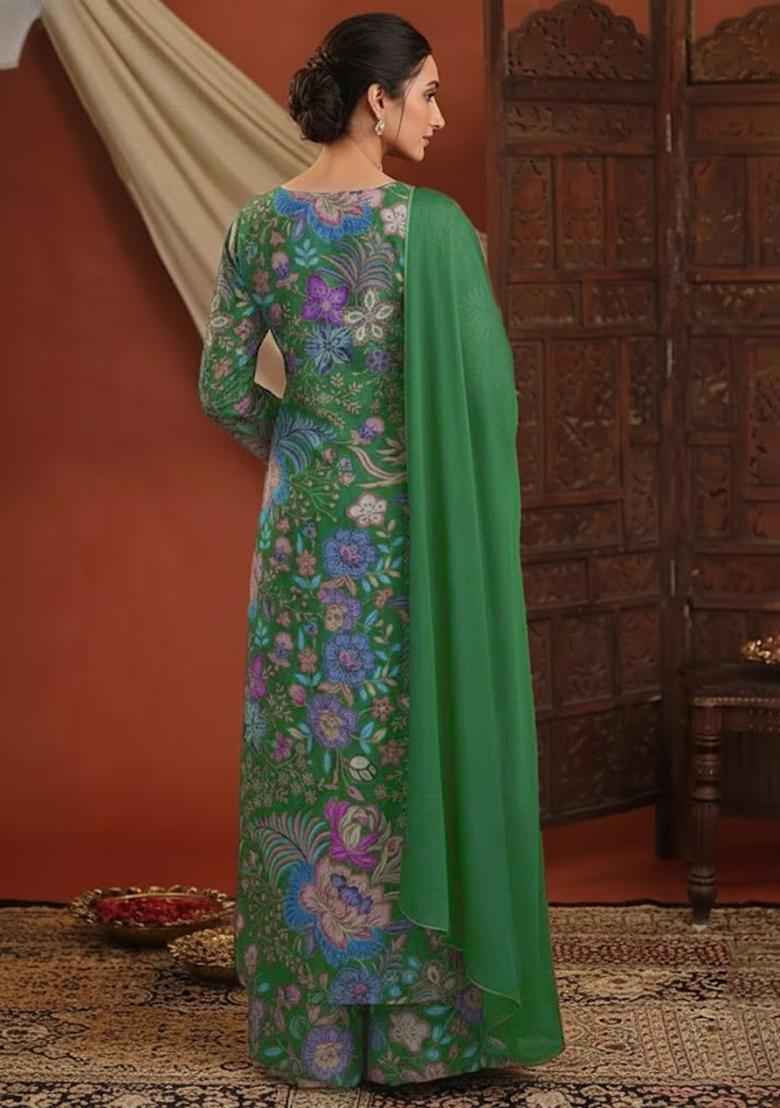 Olive Green Floral Print Chinon Kurta Set - Indya