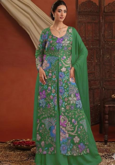 Olive Green Embroidered Chinon Pakistani Suit Set