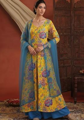 Yellow Floral Print Chinon Kurta Set