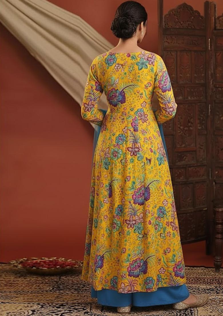 Yellow Floral Print Chinon Kurta Set - Indya