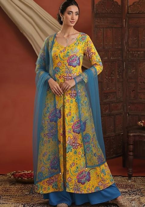 Yellow Floral Print Chinon Sharara Set