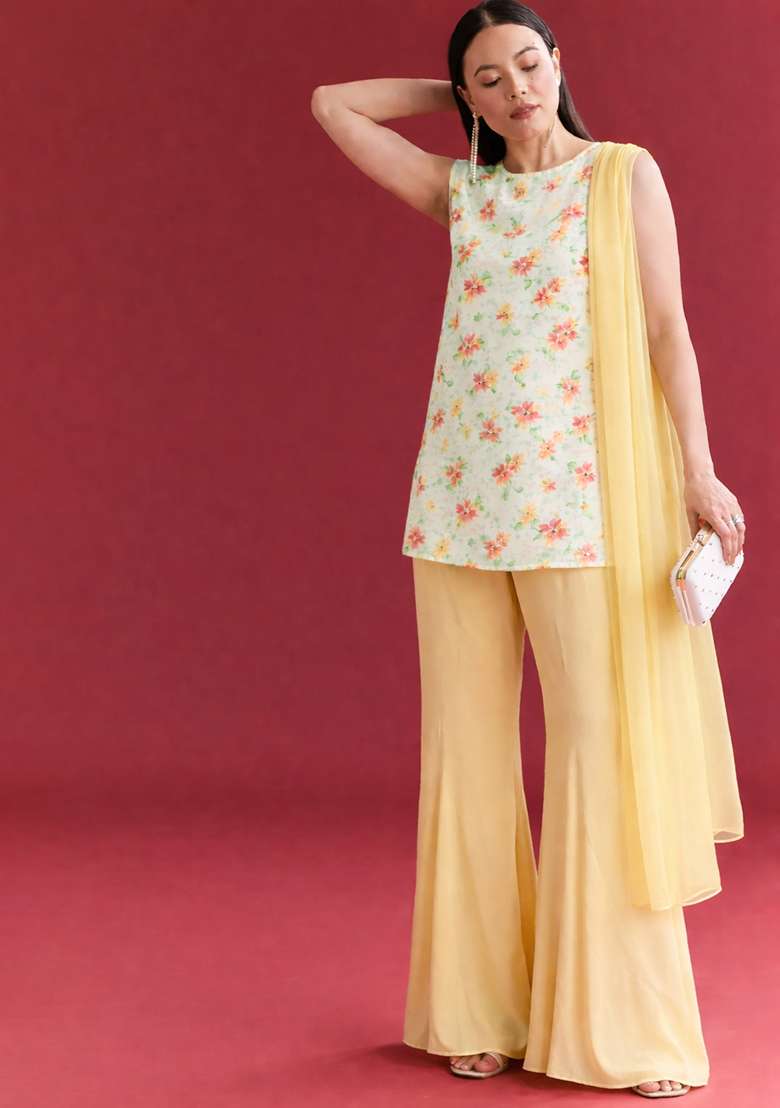 Peach Floral Print Georgette Sharara Set - Indya