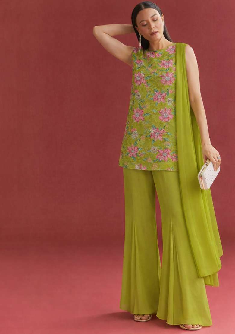 Olive Green Embroidered Organza Sharara Set - Indya