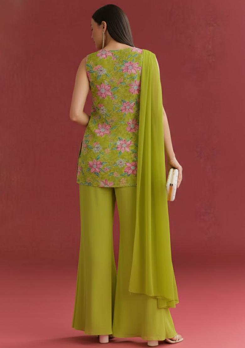 Olive Green Floral Print Organza Sharara Set - Indya
