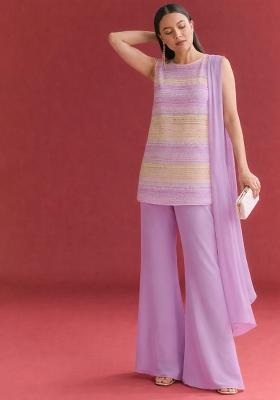 Purple And Green Embroidered Georgette Sharara Set