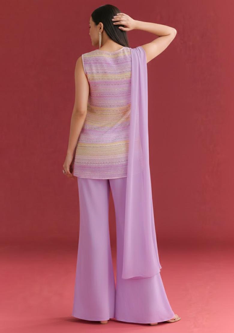 Purple And Green Embroidered Georgette Sharara Set - Indya