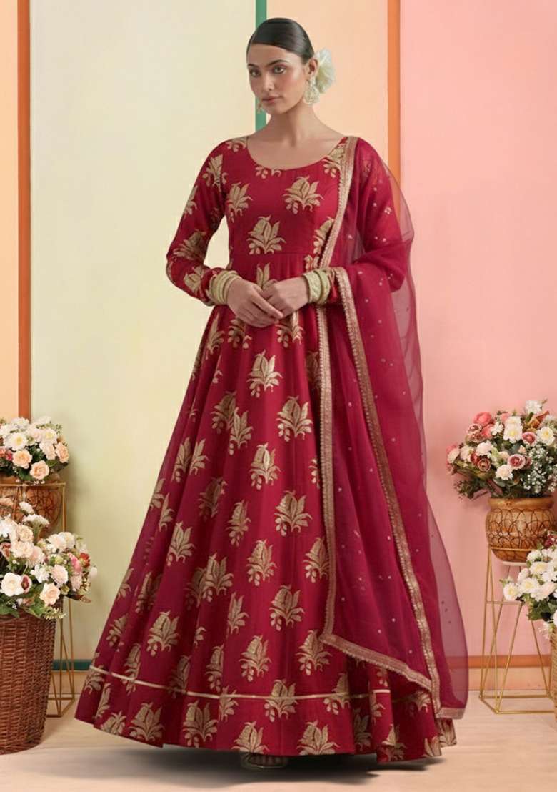 Red Brocade Anarkali With Dupatta - Indya