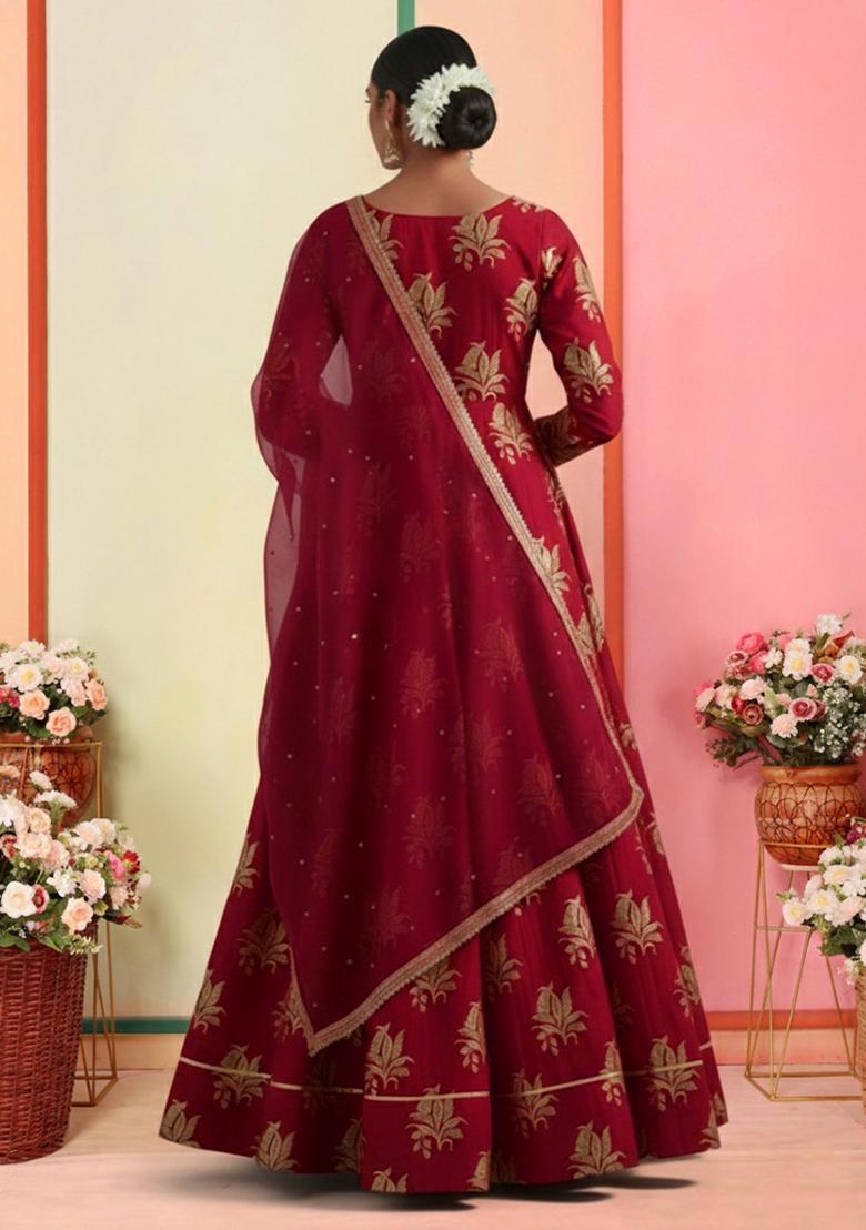 Red Brocade Anarkali With Dupatta - Indya