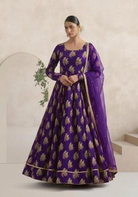 Purple Brocade Anarkali With Dupatta