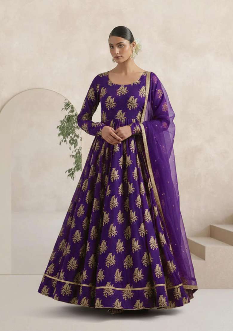 Purple Brocade Anarkali With Dupatta - Indya