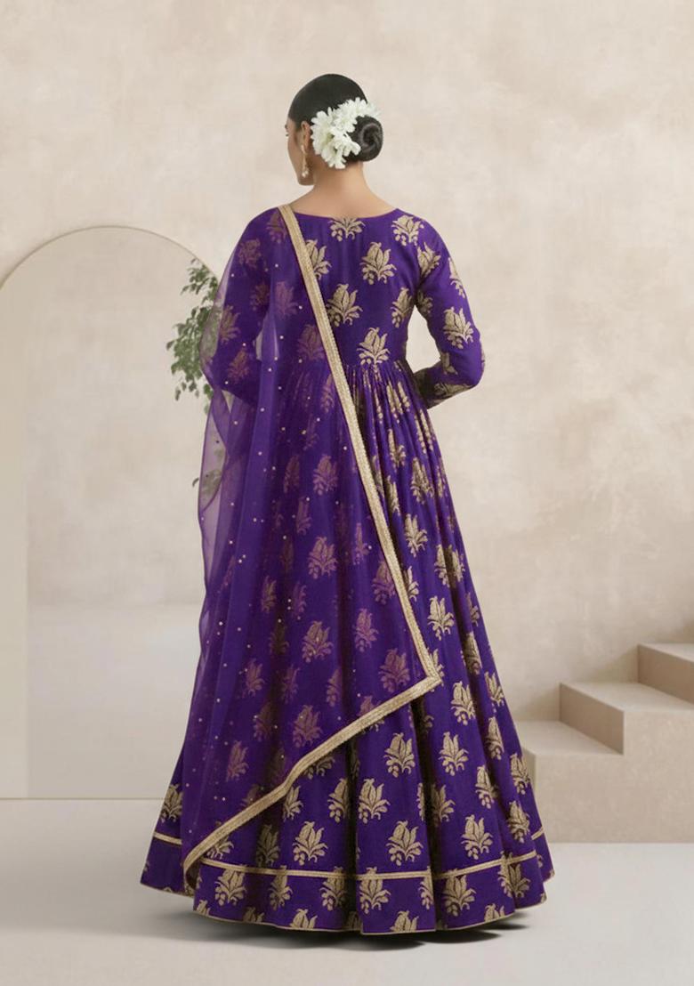Purple Brocade Anarkali With Dupatta - Indya