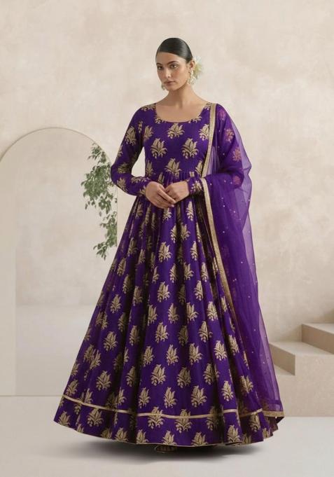 Purple Brocade Anarkali With Dupatta