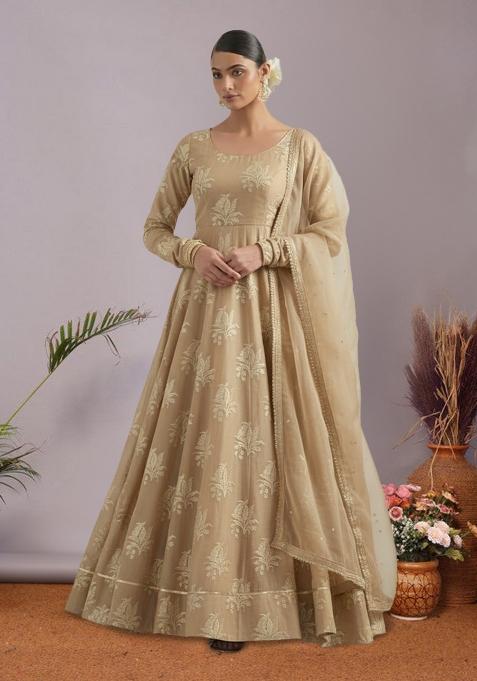 Beige Brocade Anarkali With Dupatta