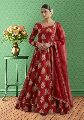 Red Brocade Anarkali With Dupatta