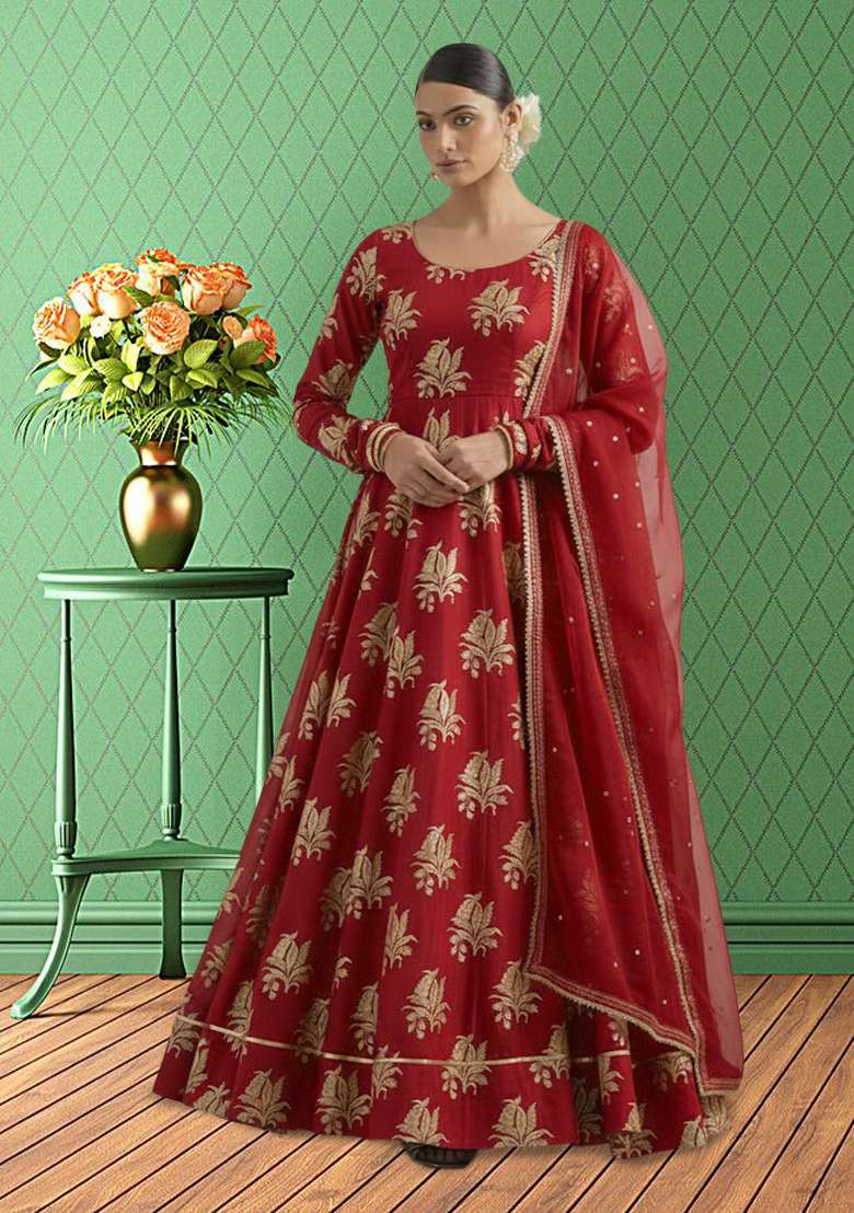Red Brocade Anarkali With Dupatta - Indya
