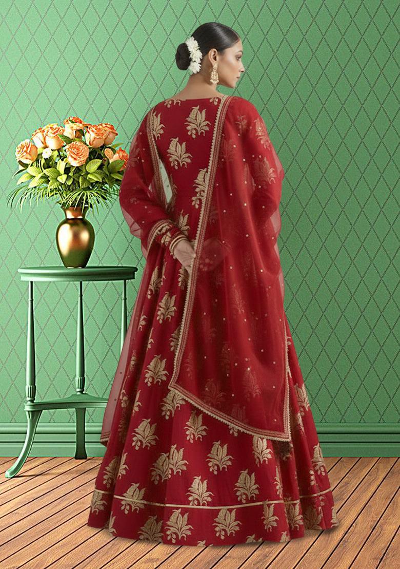 Red Brocade Anarkali With Dupatta - Indya