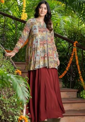 Maroon Figure Print Chinon Fusion Set