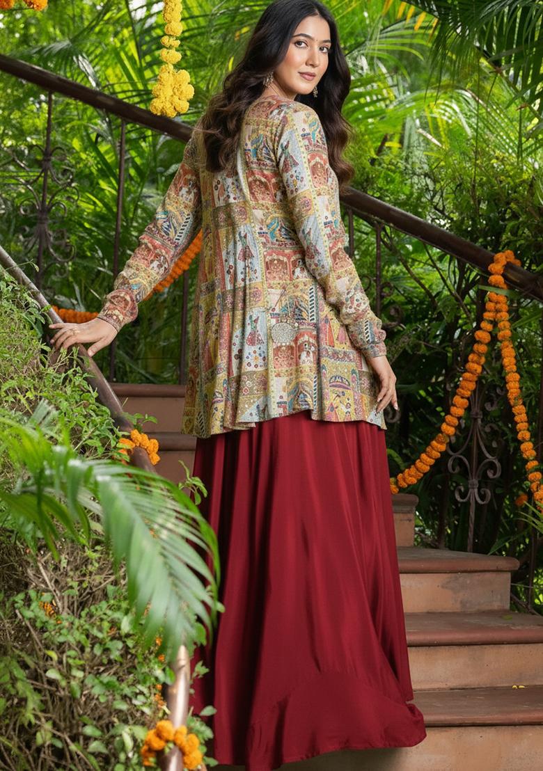 Maroon Figure Print Chinon Fusion Set - Indya