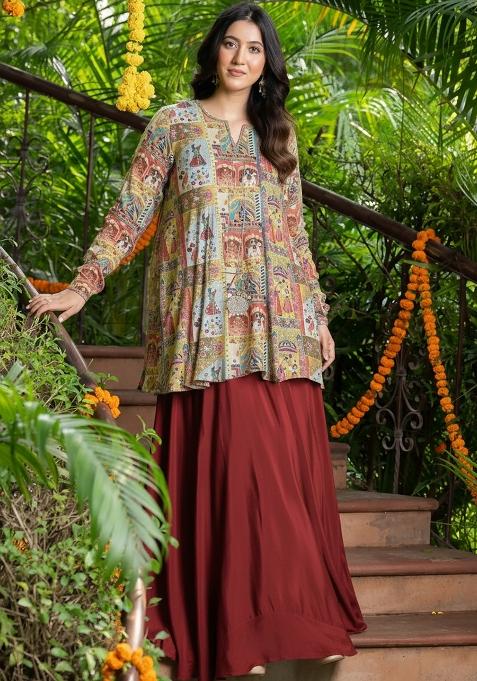 Maroon Figure Print Chinon Fusion Set