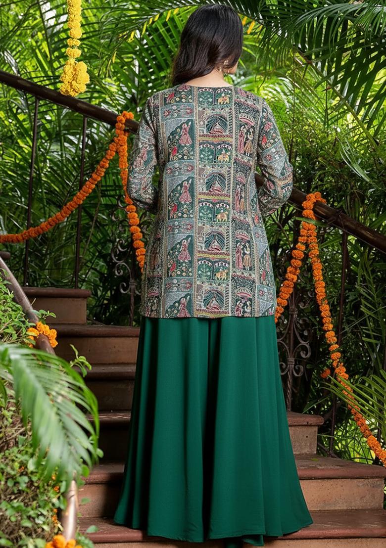 Bottle Green Figure Print Chinon Fusion Set - Indya