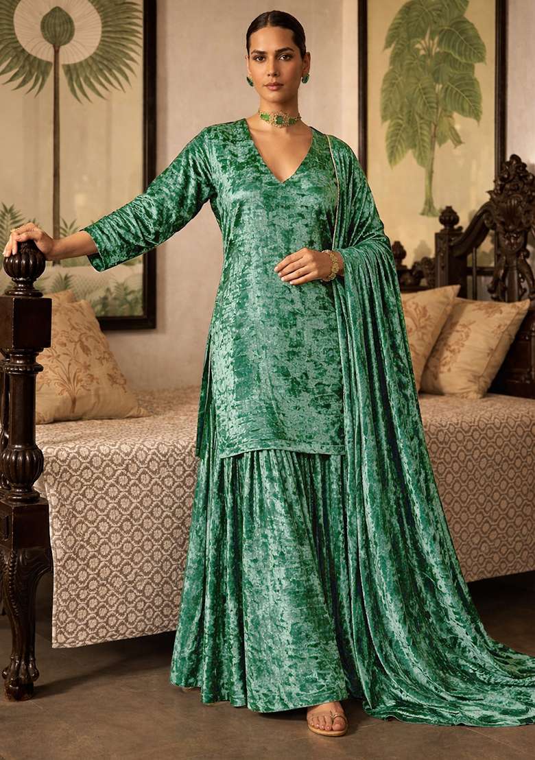 Bottle Green Solid Velvet Sharara Set - Indya