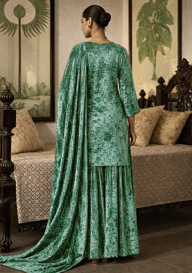 Bottle Green Solid Velvet Sharara Set - Indya