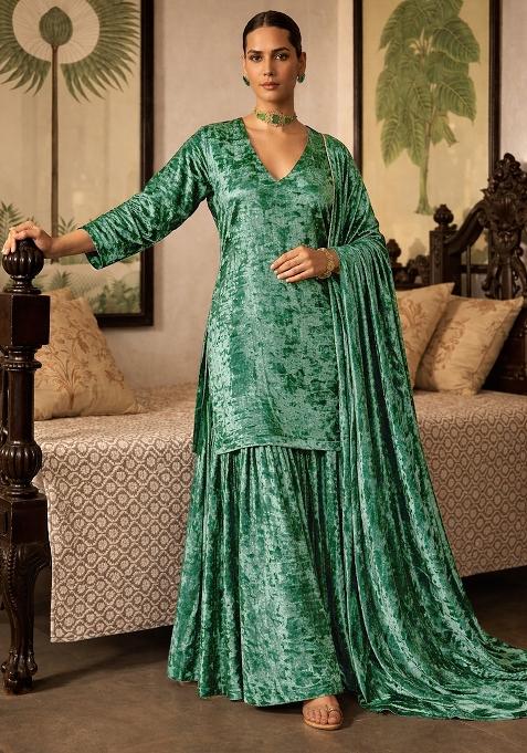 Bottle Green Solid Velvet Sharara Set