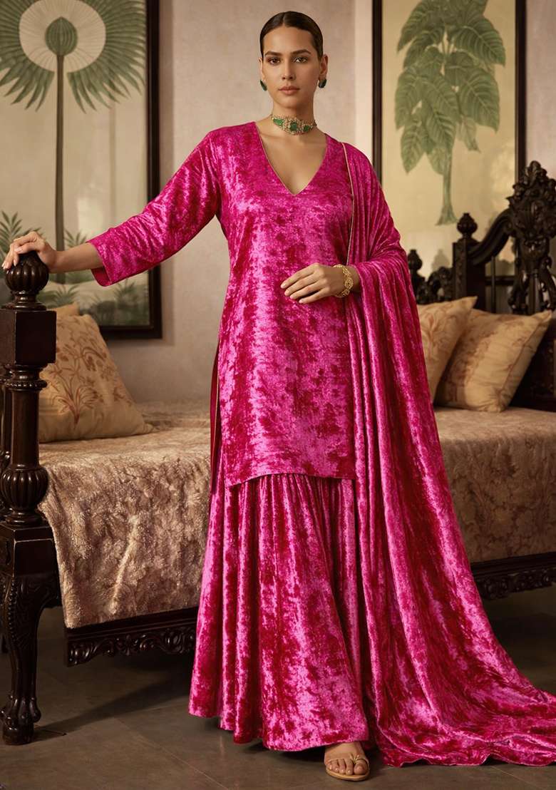 Rani Pink Solid Velvet Sharara Set - Indya