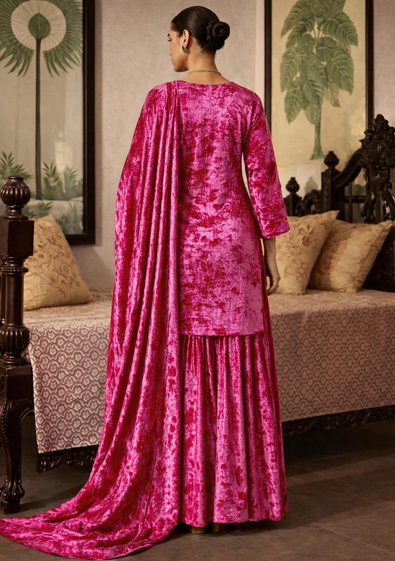 Rani Pink Solid Velvet Sharara Set - Indya