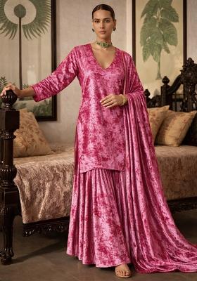 Pink Solid Velvet Sharara Set