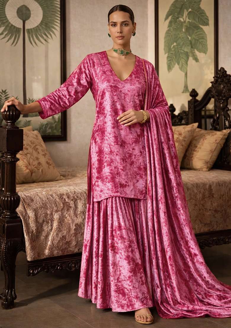 Pink Solid Velvet Sharara Set - Indya