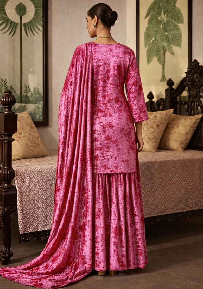 Pink Solid Velvet Sharara Set - Indya