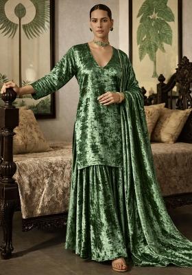 Olive Green Solid Velvet Sharara Set
