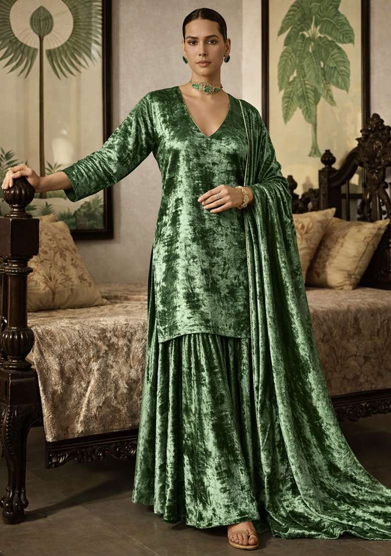 Olive Green Solid Velvet Sharara Set - Indya
