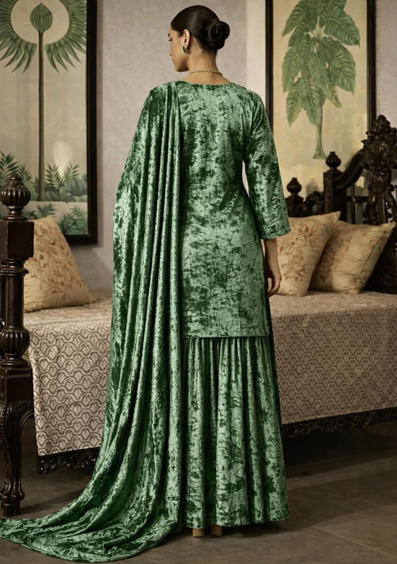 Olive Green Solid Velvet Sharara Set - Indya