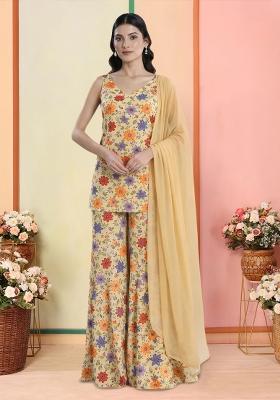 Cream Embroidered Sharara Set