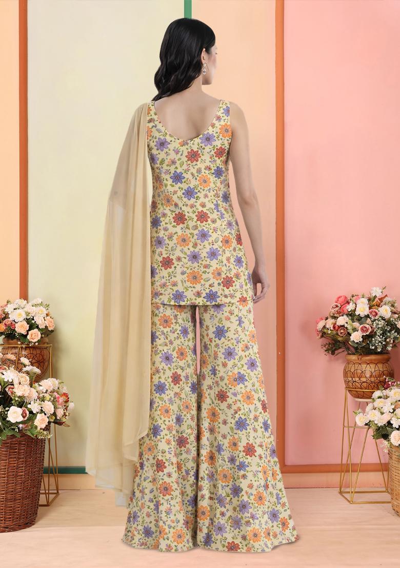 Cream Embroidered Sharara Set - Indya