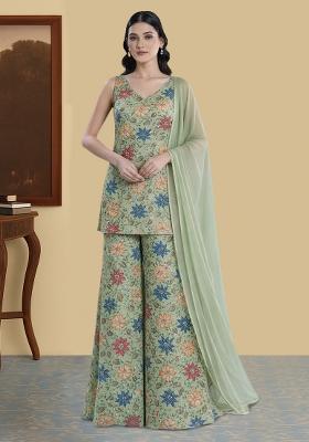 Olive Green Embroidered Sharara Set