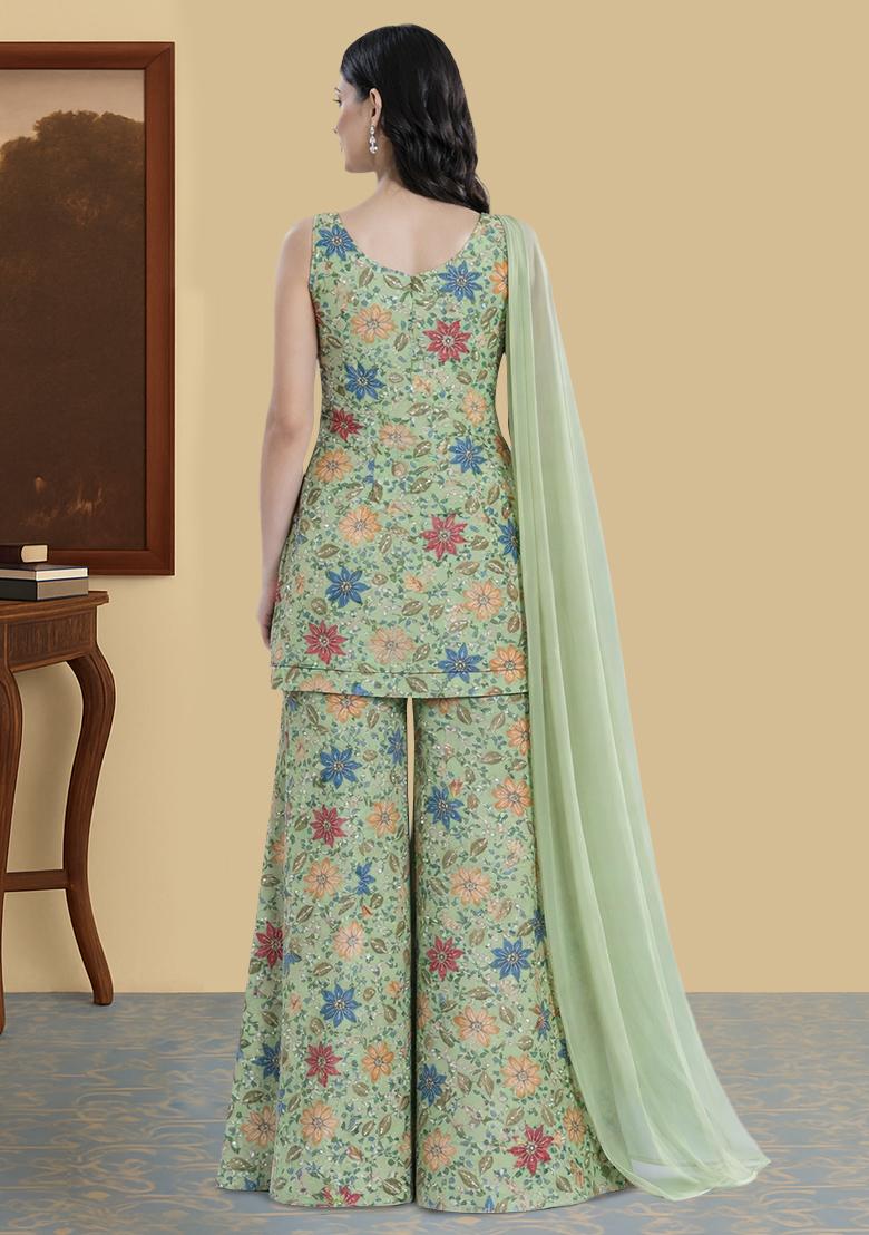 Olive Green Embroidered Sharara Set - Indya